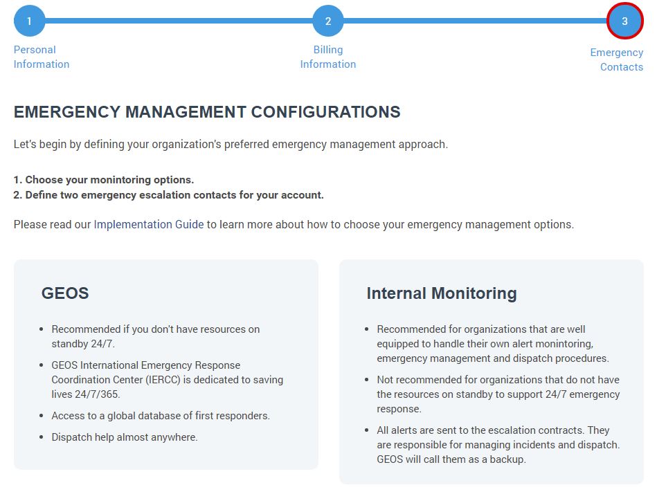 GeoPro emergency management configurations screen